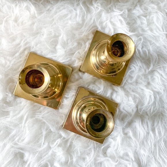 Set of 3 - Vintage MCM Gold Brass Candle Sticks - Picture 3 of 7